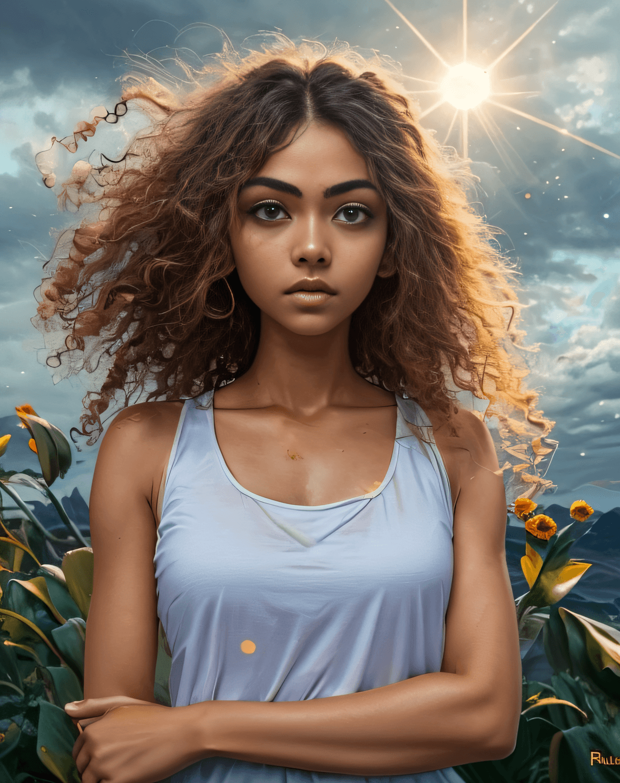 AI generated: (best quality, masterpiece), green eyes, young woman, pose, particle, wind, flower, upper body, simp...