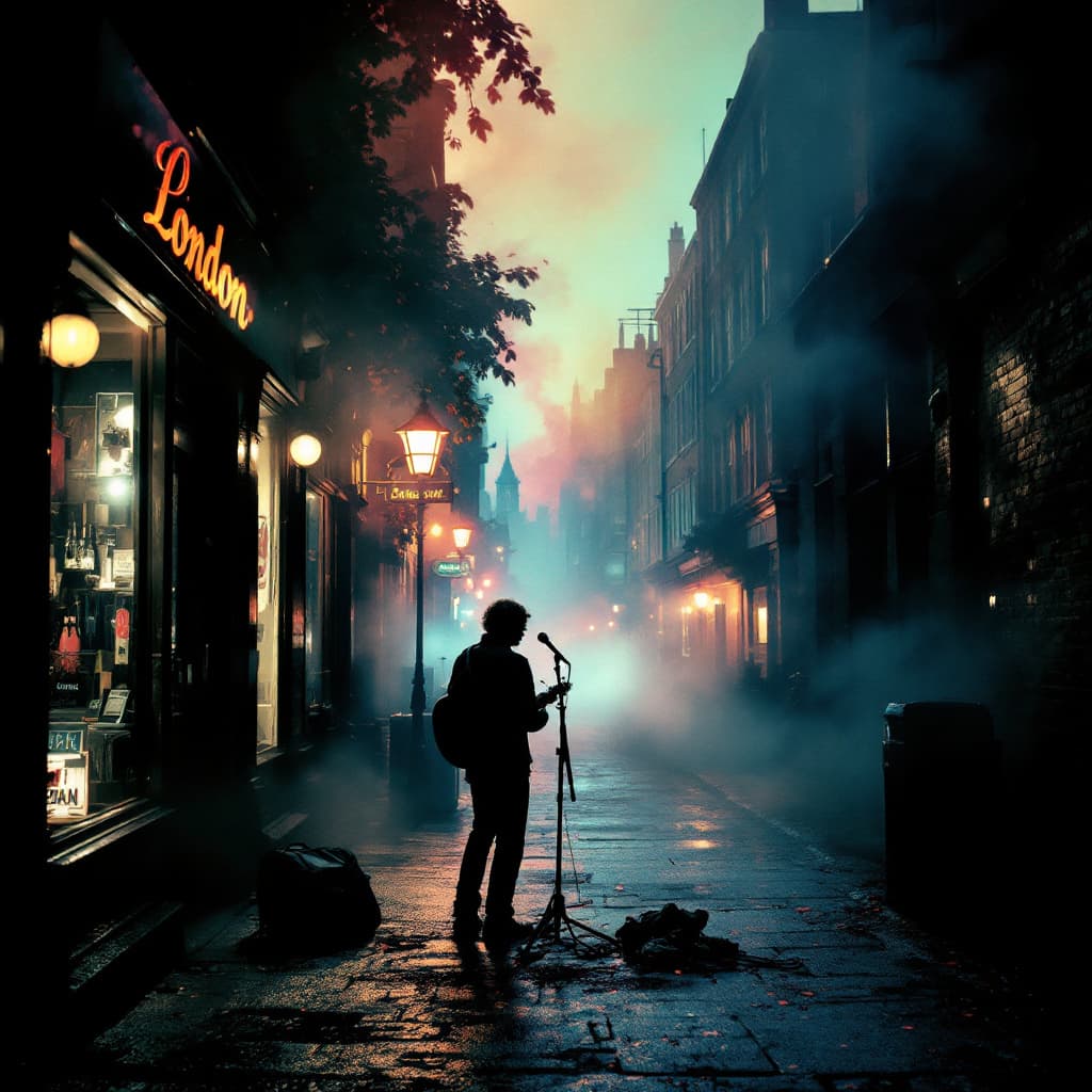 AI generated: A psychedelic vision of the London music scene at dusk in 1975, where the haze of smoke and fog from...
