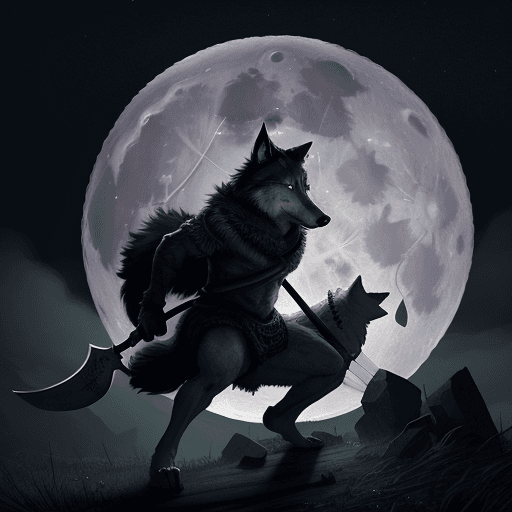 AI generated: a wolf wearing a blindfold over its eyes carrying a axe with a full moon behind him, hyper realistic...