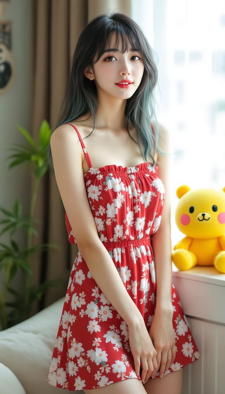AI generated: close portrait of Japanese woman, Koren ulzzang face, standing near the window, black hair, multi co...