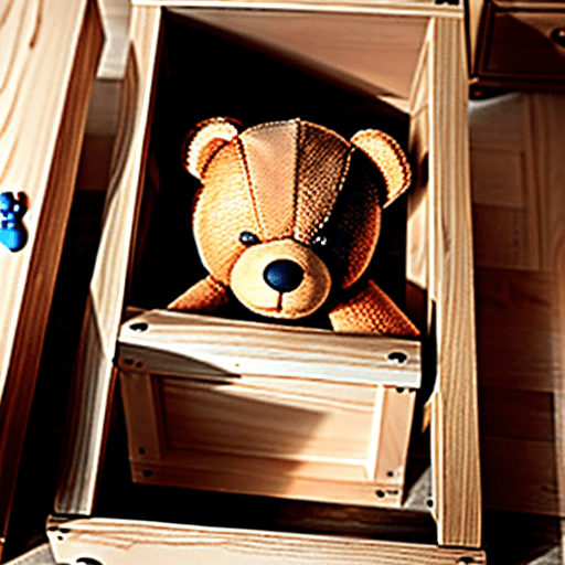 AI generated: view from above of a large wooden toy box with one small sad teddy bear inside