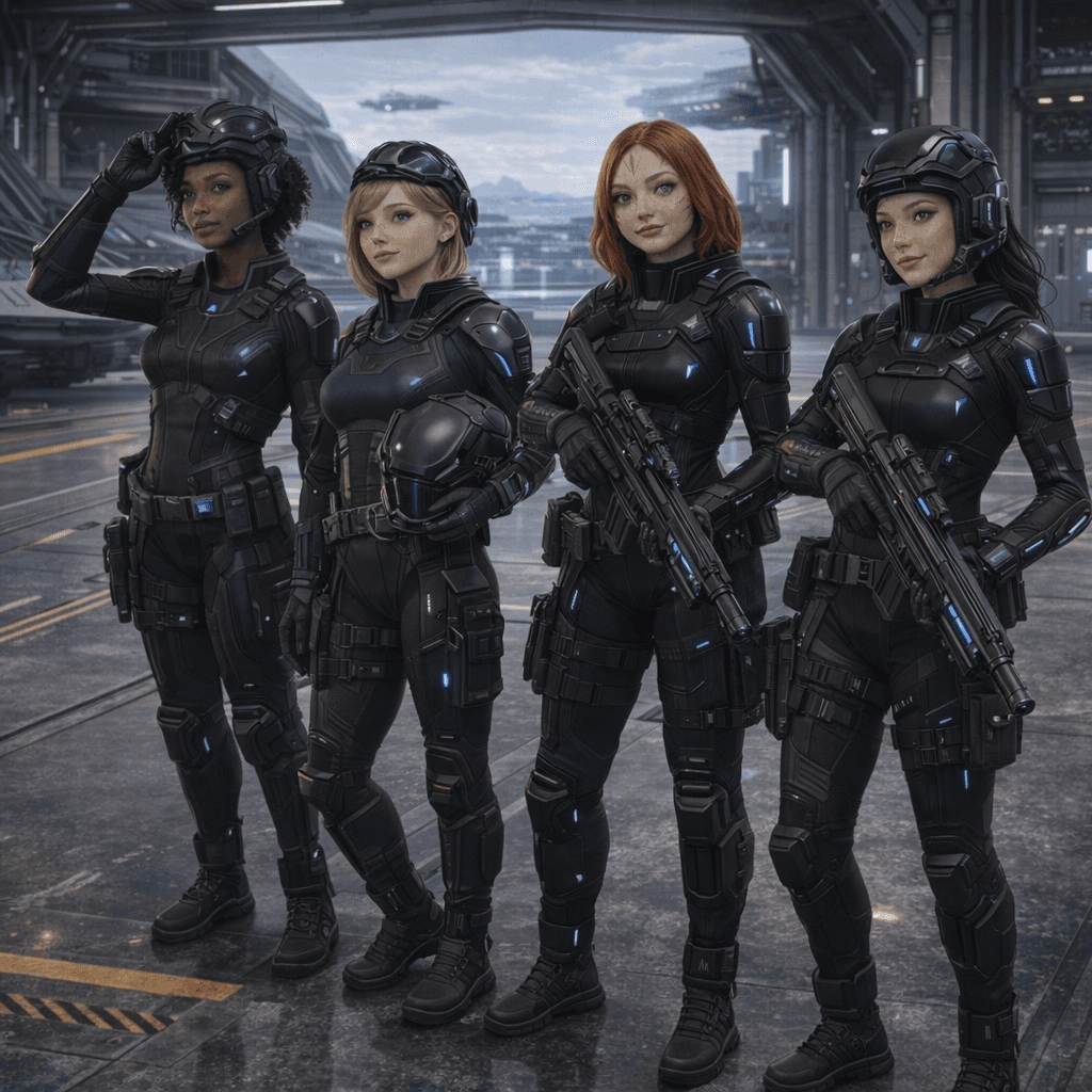 AI generated: Create additional images where the four armed, in uniform reconnaissance black-ops gear, are getting...