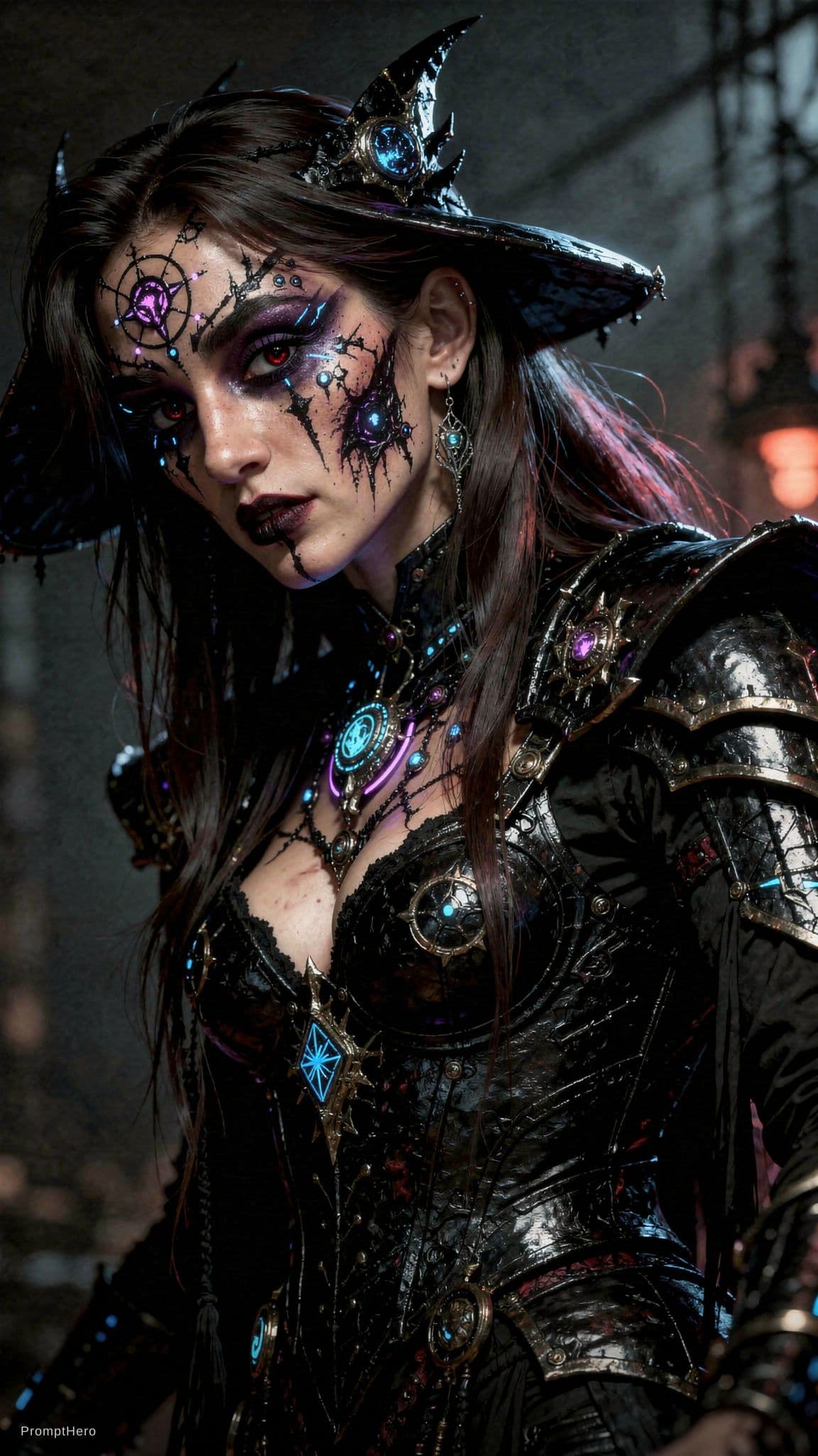 AI generated: Design a photorealistic portrait of a woman with dark makeup and makeup art, set in a dark concept a...