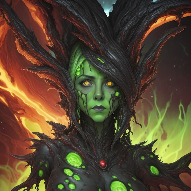 AI generated: jennifer aniston as ahorror creature from Space. terraforming. Alien Flora, large gazing eyes, close...