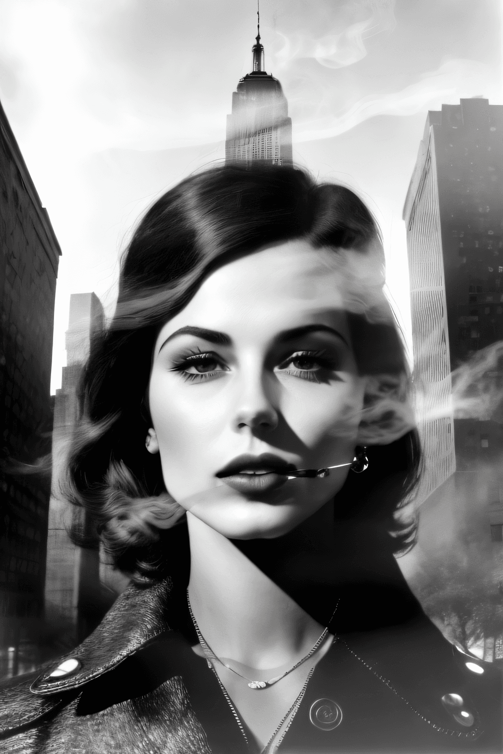 AI generated: black and white double exposure, manhattan, RoxieCipher smoking a (smkingdang-step-220:1.1), surreal...