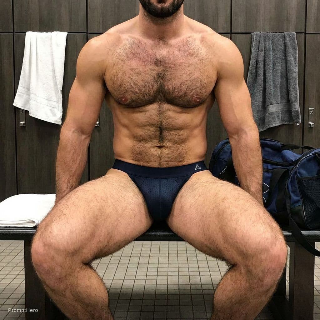 AI generated: Man with muscular body and hairy chest and pubic hair, In a jockstrap with hairy legs