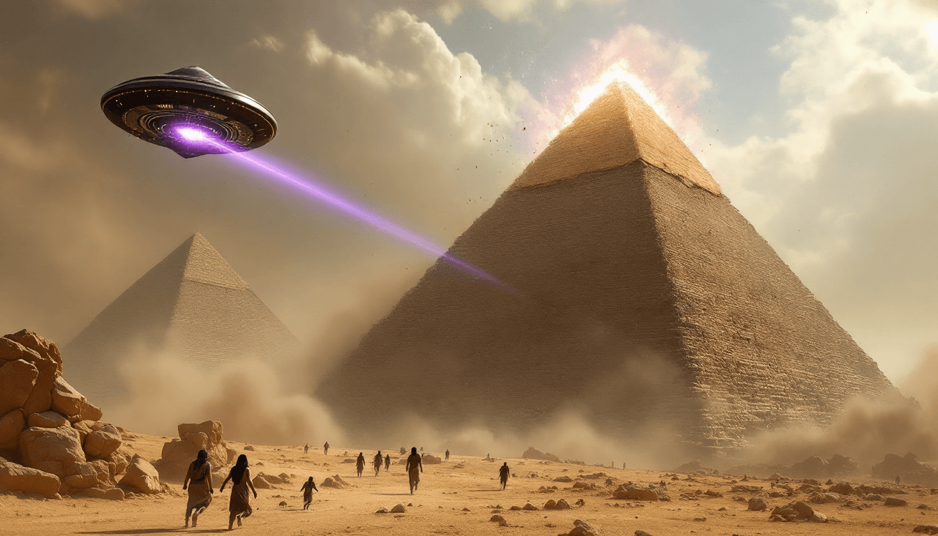 AI generated: An (8K) (photorealistic) (masterpiece) image of a thin, triangle, black UFO shooting purple lasers a...