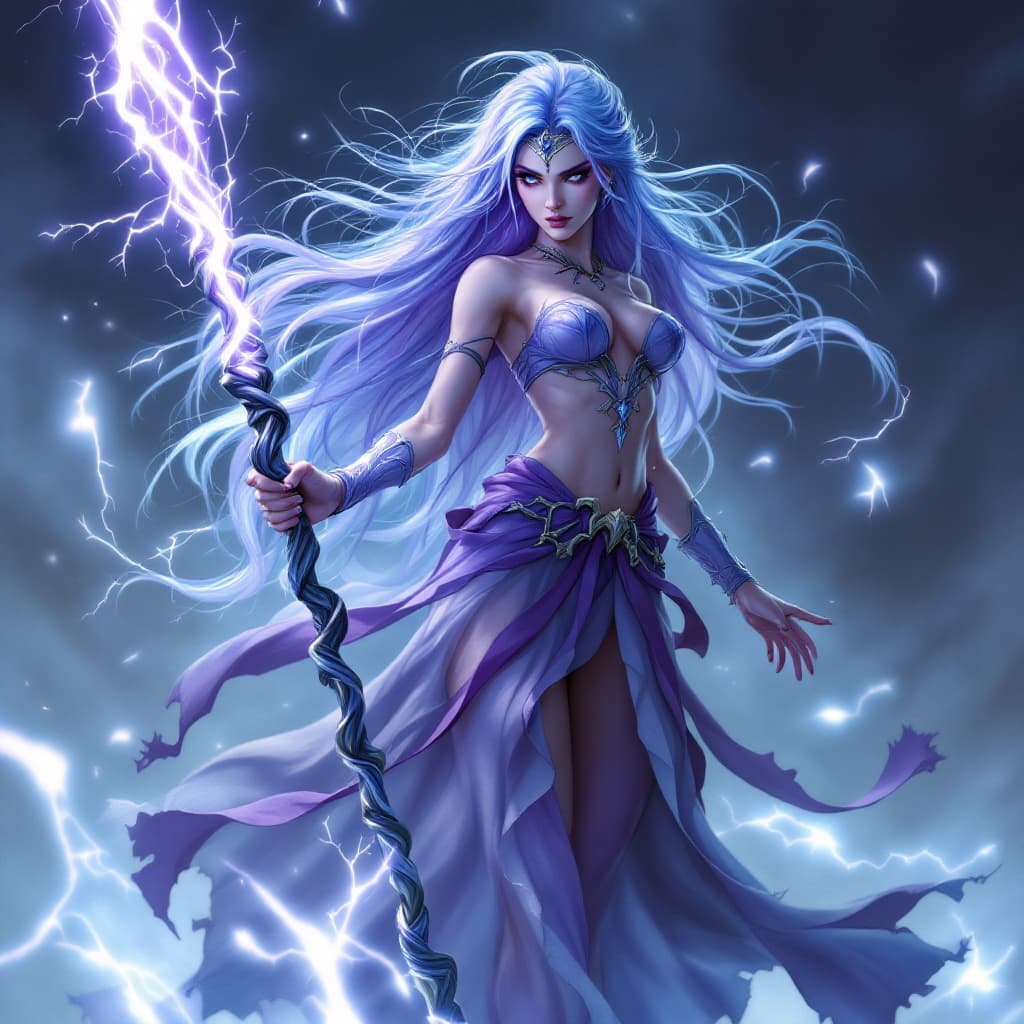 AI generated: Full body image of a beautiful grand sorceress with flowing blue and lavender hair wielding a twiste...