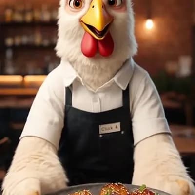 AI generated video: A chicken  serving chicken wings inside a restaurant.