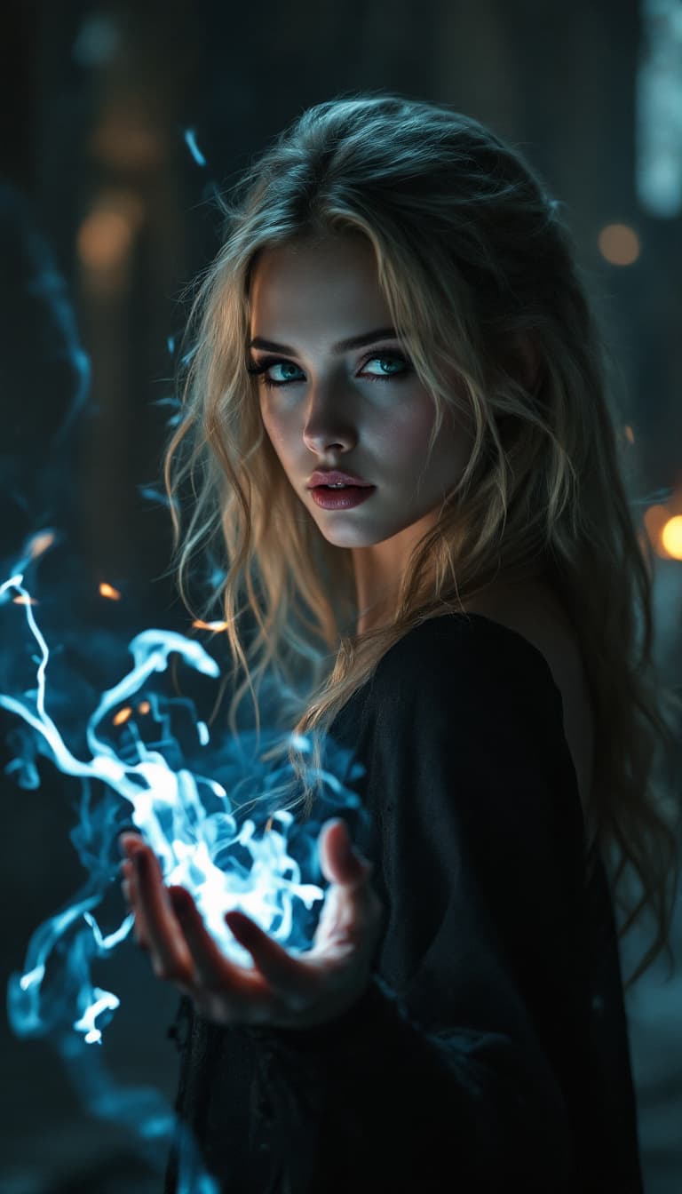 AI generated: In a breathtaking 8K wallpaper, dark fantasy gothic, young blonde mystique woman in a gothic cathedr...