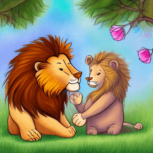 AI generated: An illustration of a lion with angel wings tenderly embracing a Grizzly bear in a children's book st...