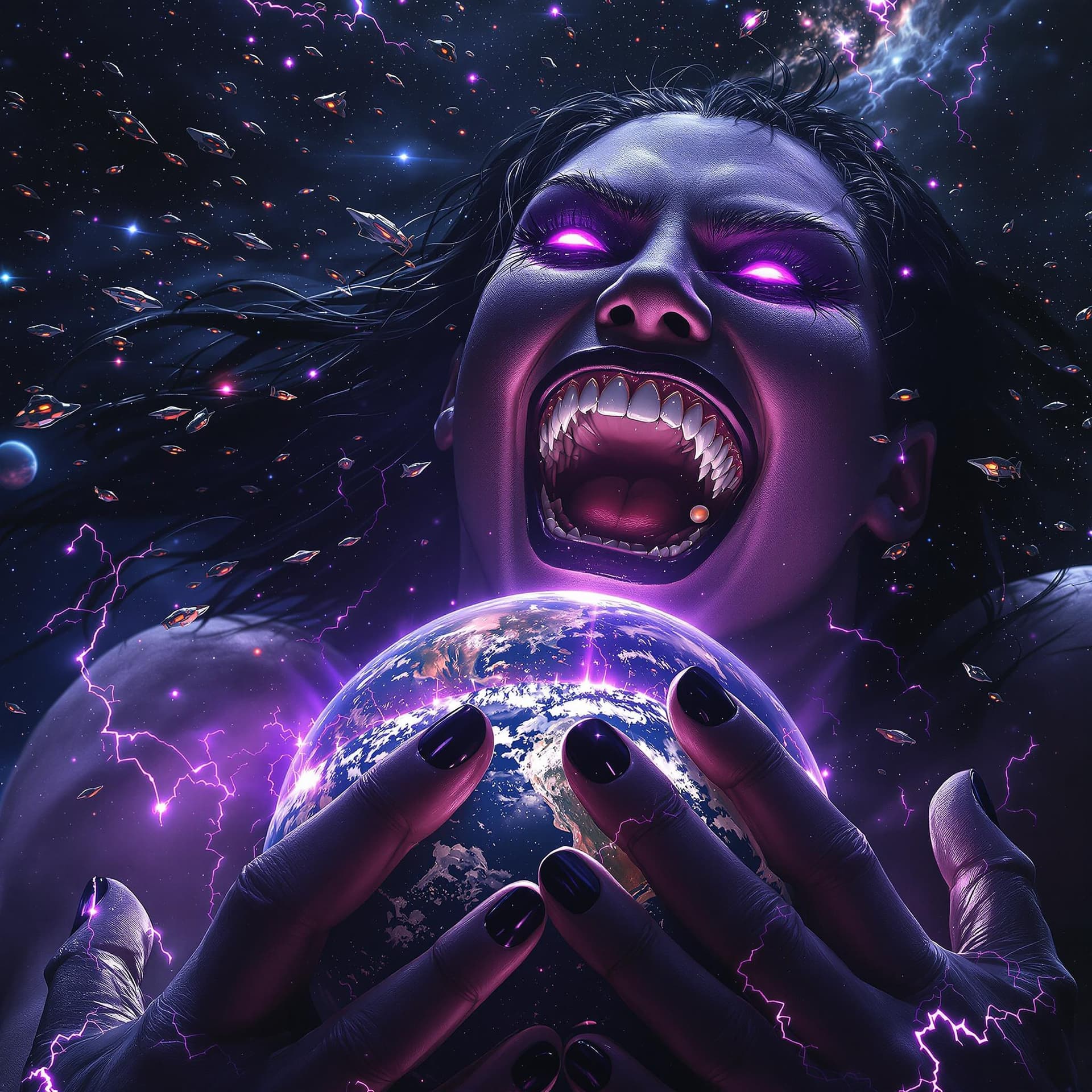AI generated: enormous giantess Rhea Ripley  from WWE
bigger than a galaxy floating in space, minuscule planets in...