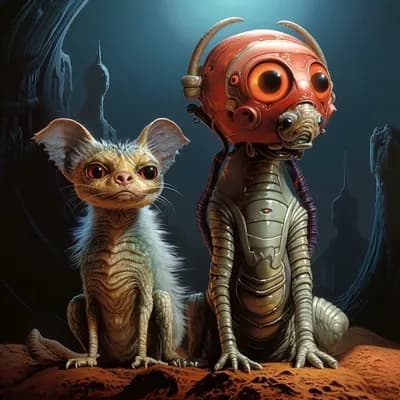AI generated video: Two alien pets look around, they blink, wind blows lightly moving their fur  