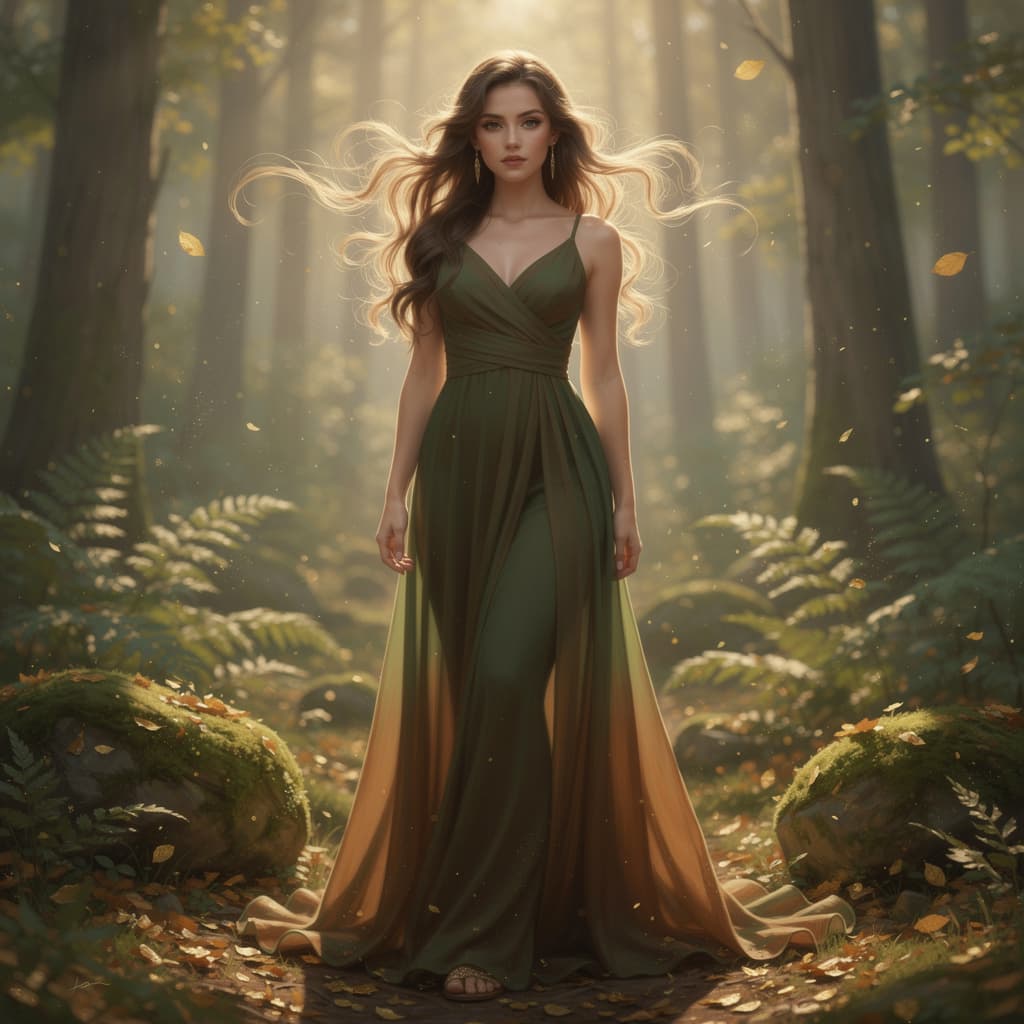 AI generated: A striking young female stands in a sun-dappled forest clearing, her long, wavy hair cascading over ...