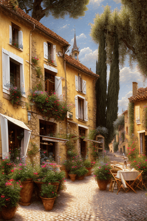 AI generated: mdjrny-v4 style traditional french cafe in the street of a small village on France. A terrace in the...