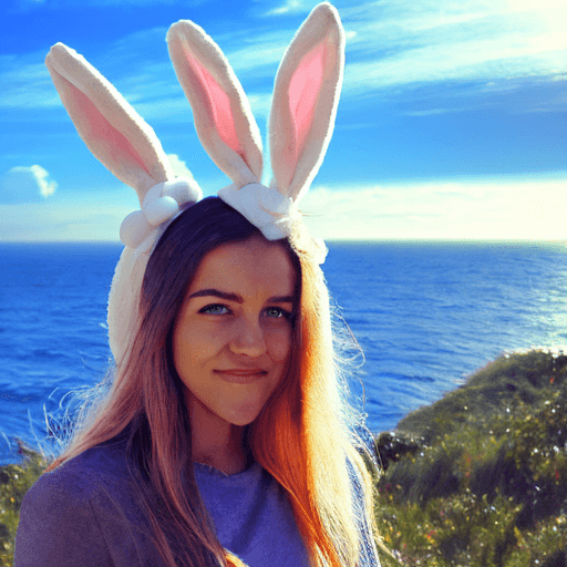 AI generated: Female, overlooking the ocean, daylight, indirect lighting, bunny ears, looking at veiwer