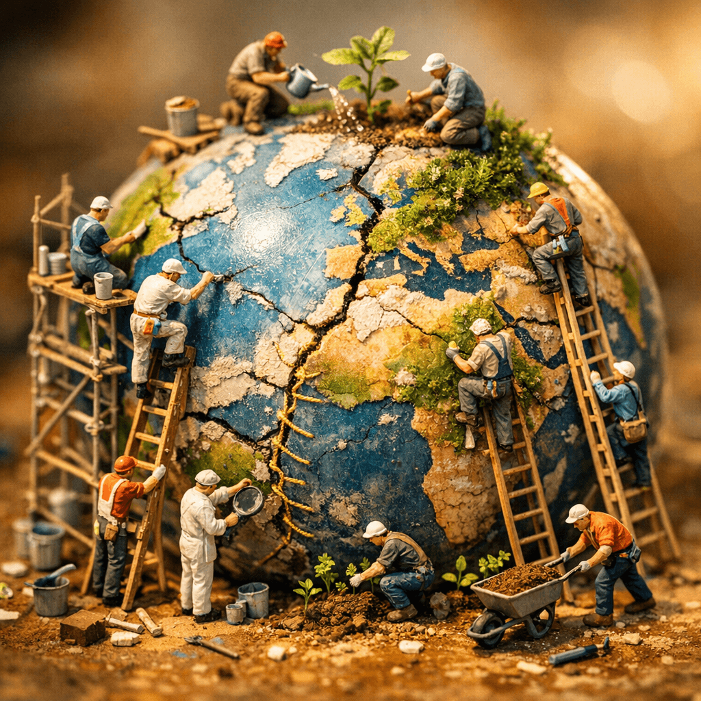 AI generated: miniature people carefully restoring a globe, tiny builders and restorers repairing the world with l...