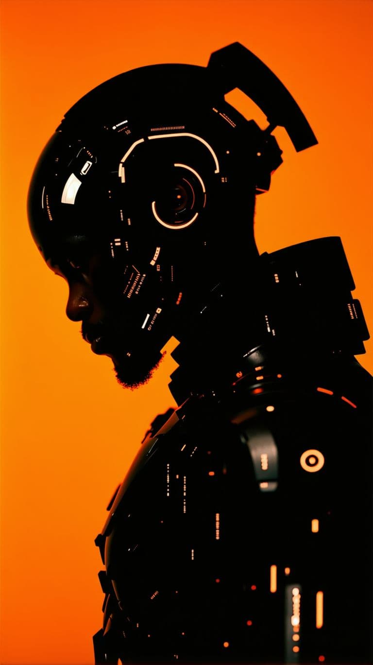 AI generated: photography, portrait of contrast, profile silhouette of a black cyborg  man, vibrant orange backdro...