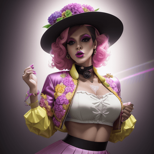 AI generated: full bodied, Drag Queen, Magenta and Fall Yellow Hydrangea colour, elaborate floral colour midi plea...