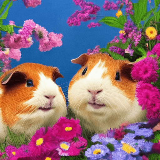 AI generated: two guinea pigs in love, wearing colorful hats,dramatic light, pale sunrise, many colourful flowers,...