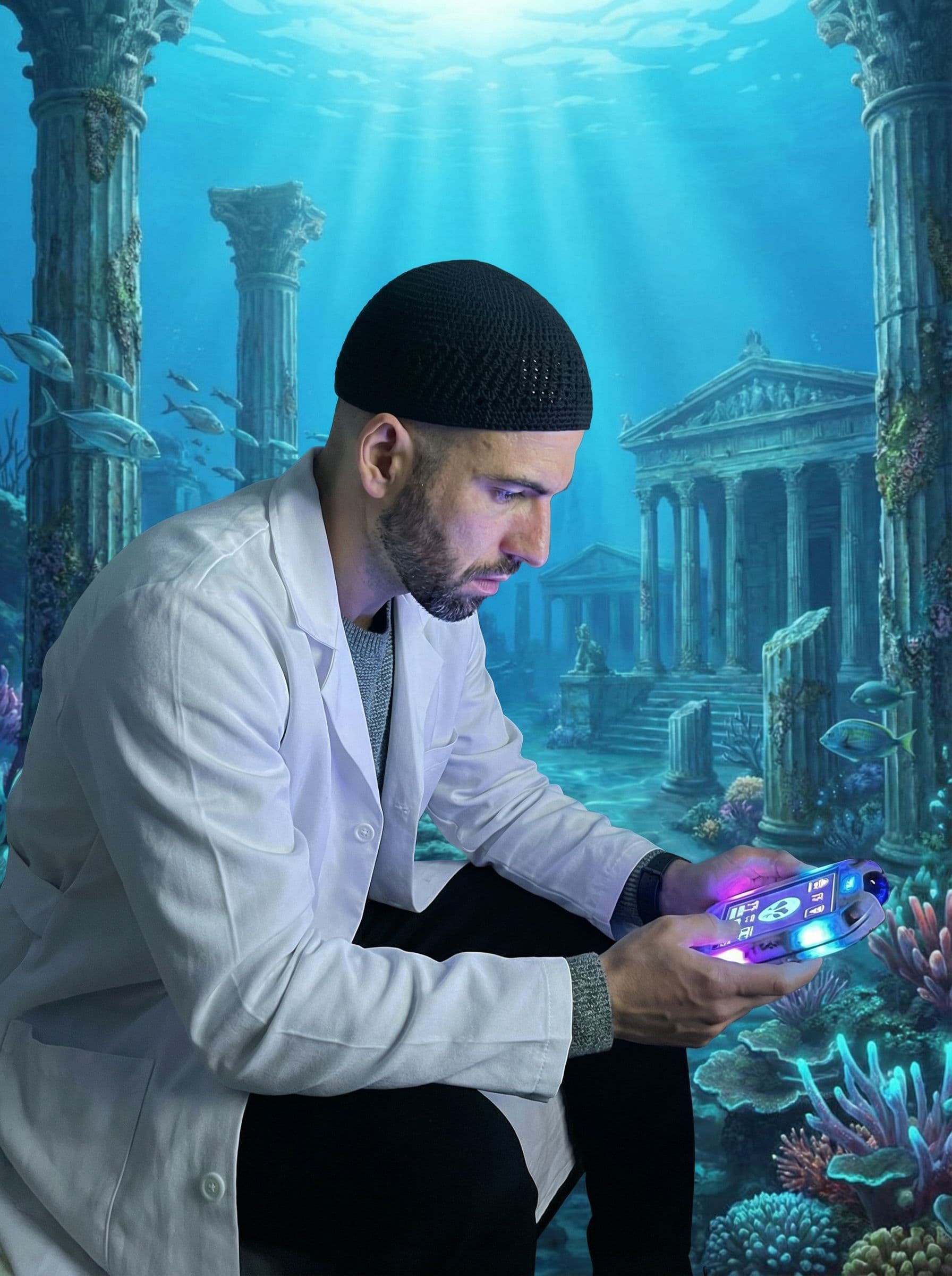 AI generated: add a doctor robe on him and place him in atlantis