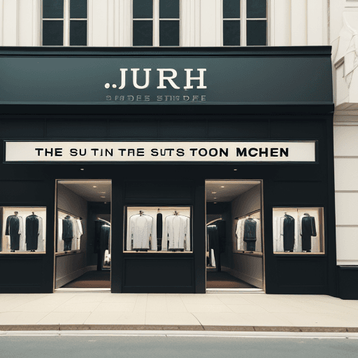 AI generated: the exterior of a suit store, the name of the suit store being "MJ SUITS" 