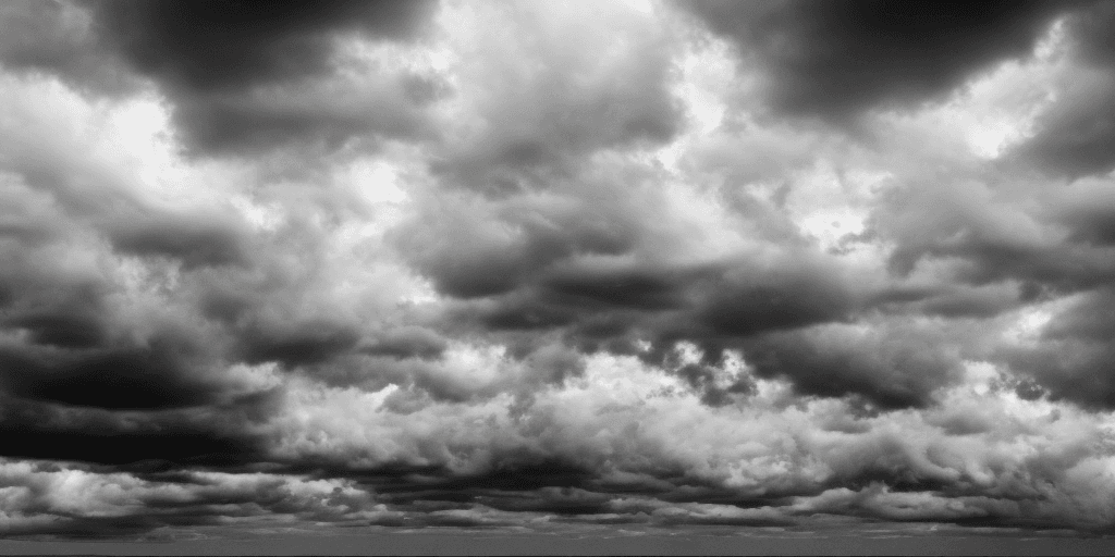 AI generated: full sky of multiple semi-real flat stormy clouds in greyscale