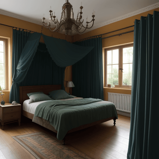 AI generated: Interior of a bedroom painted in Bauwerk Turmeric Colour and dark green linen curtains.  The style i...