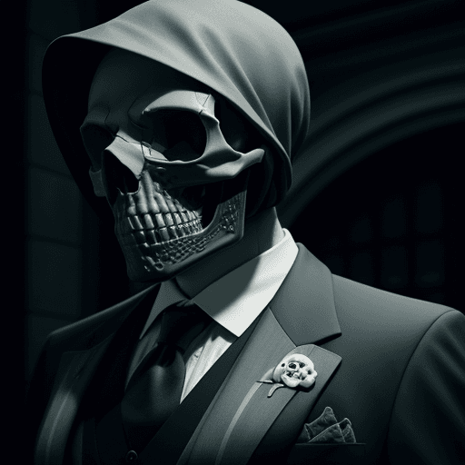 AI generated:  A person with a skull face is wearing a suit. The suit has a skull pattern, 8k, intricate detail, p...