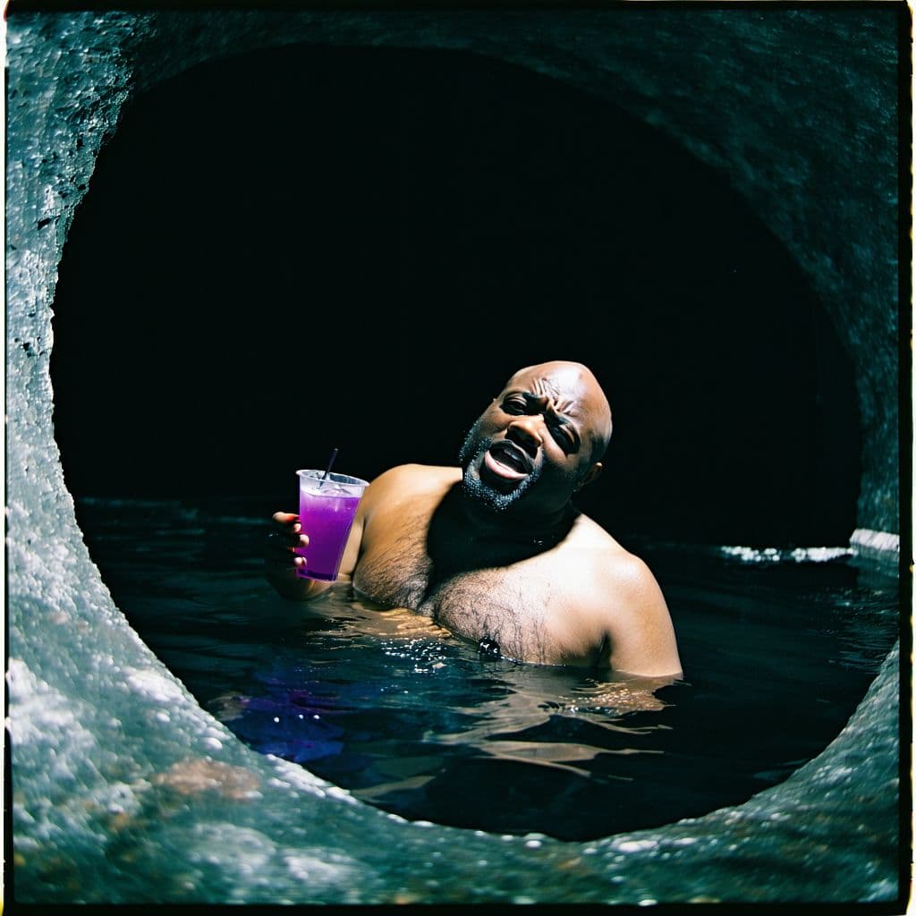 AI generated: grainy 80's photograph quality polaroid of big fat bald neurotic fearful black man floating into a b...