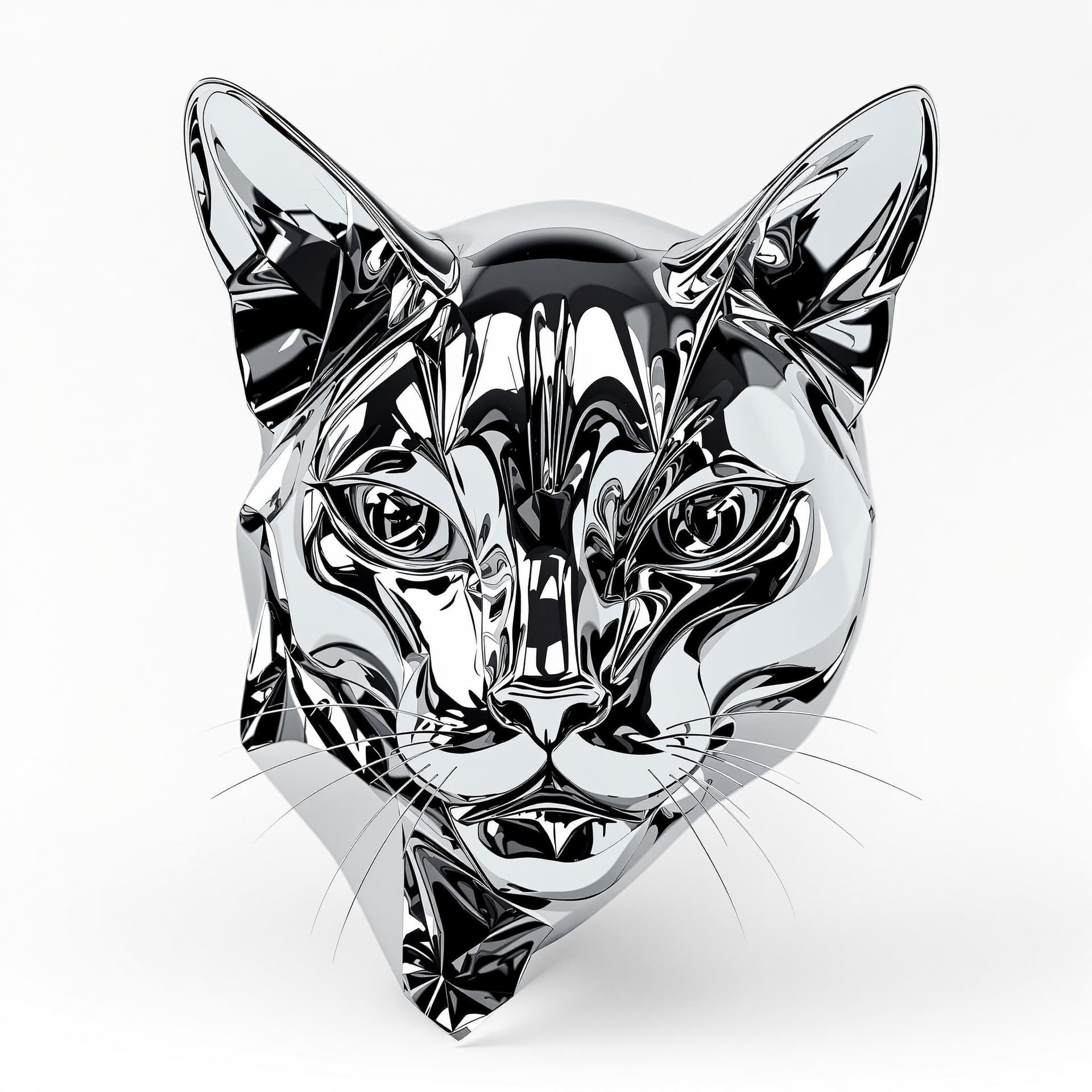 AI generated: highly reflective, polished metal cat face, distorted and twisted into abstract shapes, reflecting a...