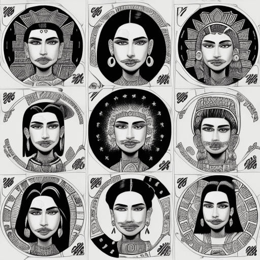 AI generated: black and white, portraits, aztec, coloring book, in the style, Loteria game sets published and prod...