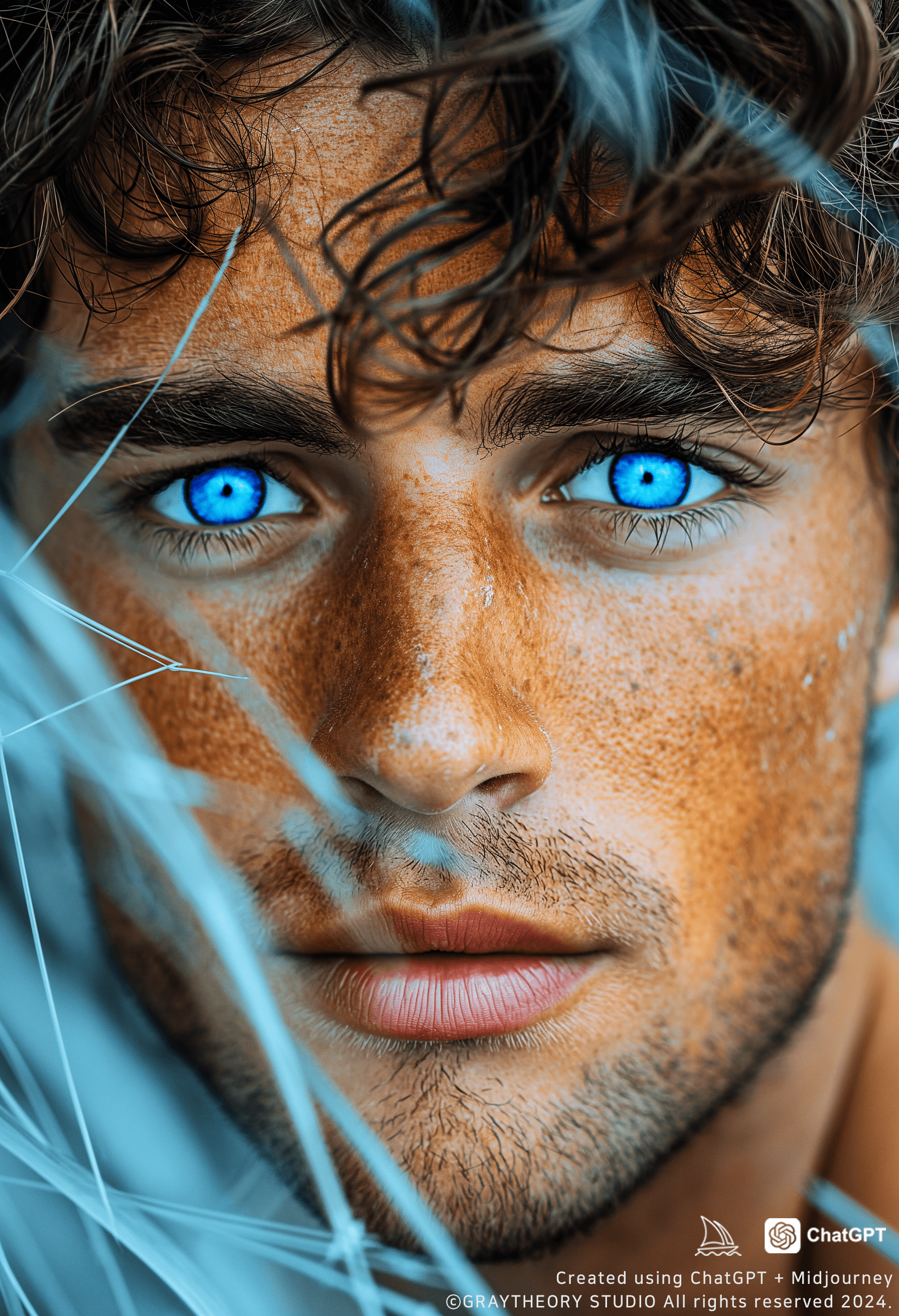AI generated: cover photo featuring a man model, brown color hair, 300mm f/5. 8, light blue and white, optical, so...
