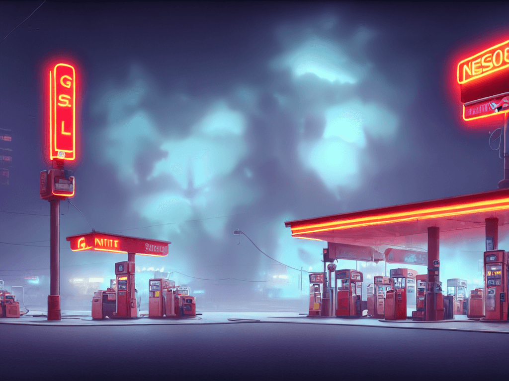 AI generated: a highly detailed matte painting of a single gas station with a sign in the fog at night, neon light...