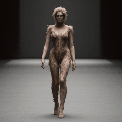 AI generated: A human model in costume that mimics nature , 4K, The Runway of Human models , a virtual audiences
