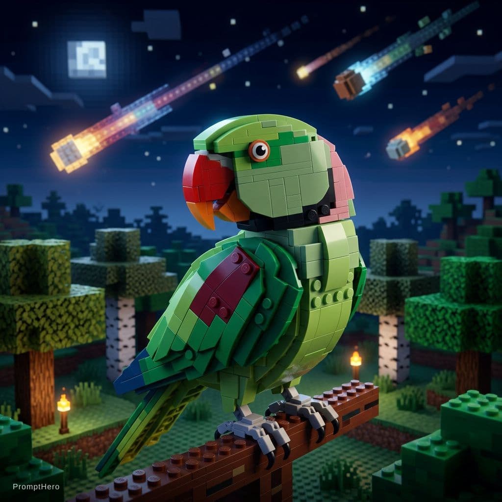 AI generated: a minecraft world, minecraft trees, nightsky in the background, minecraft lego style, lots of trees ...
