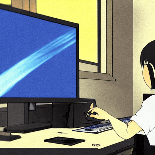 AI generated: person typing on a desktop computer from the front looking at the screen, Digital 2D, animado por Ky...