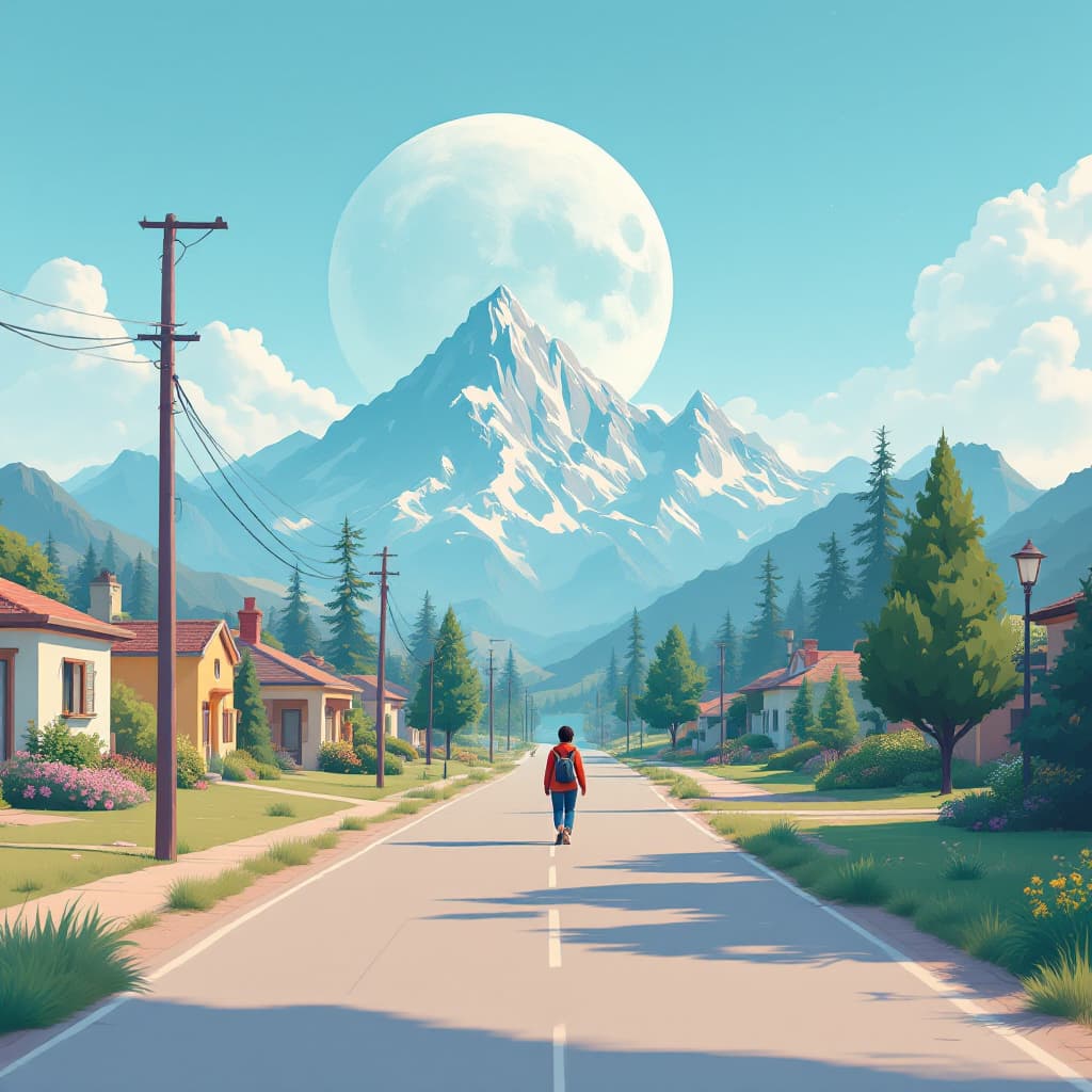 AI generated: person walking down a street with mountains in the background| inspired by Beeple| digital art| beau...