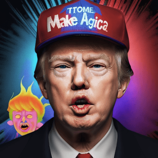 AI generated: donald trump  on a psychedelic trip with an open mouth and glowing eyes, with the make america great...