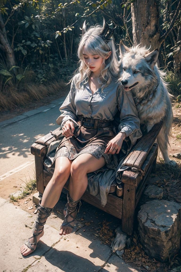 AI generated: ( a cute silver-haired girl with real devil horns patting the wolf), In a stunning fantasy world,bre...