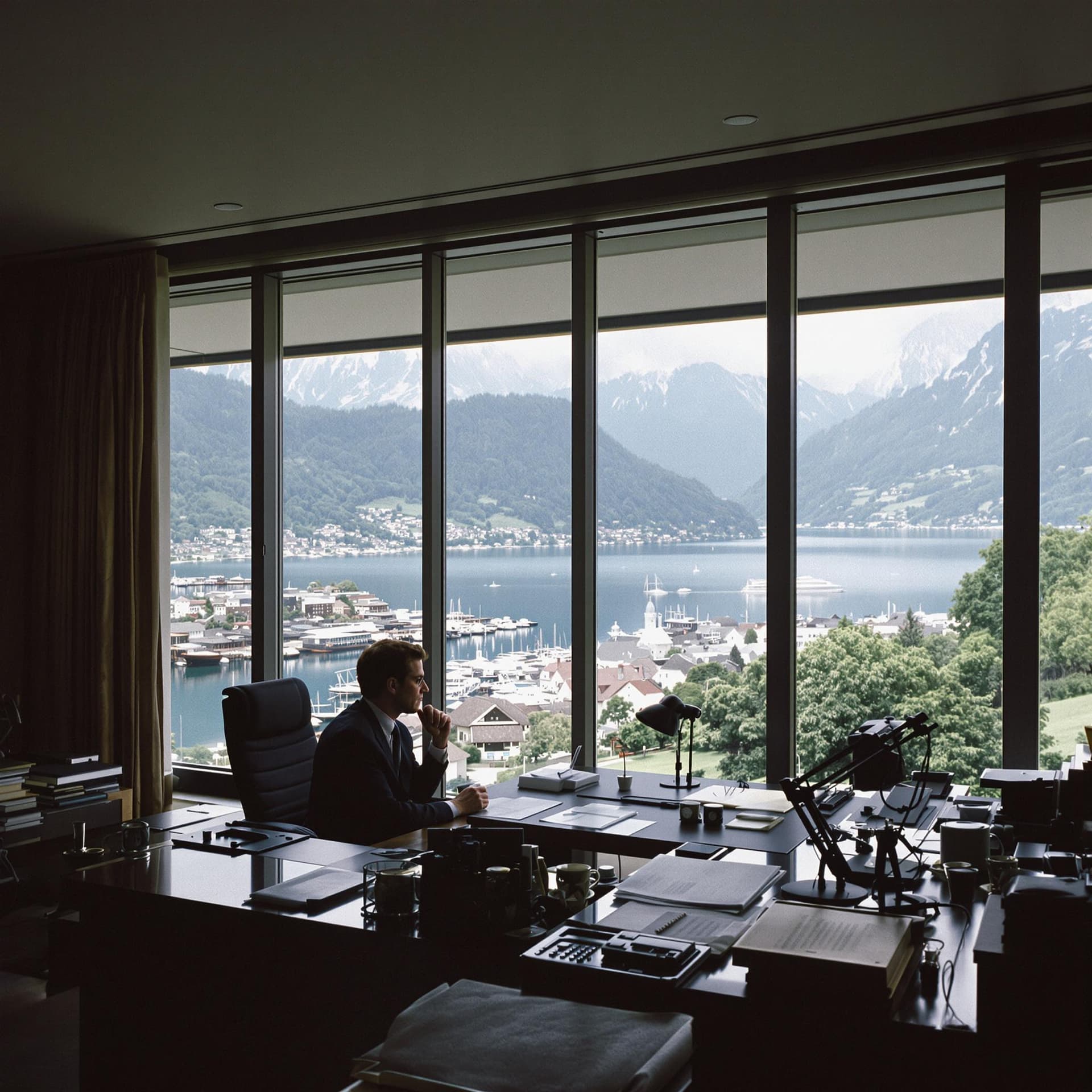 AI generated: An office of a Swiss executive in the early eighties, sitting at his desk with large windows overloo...