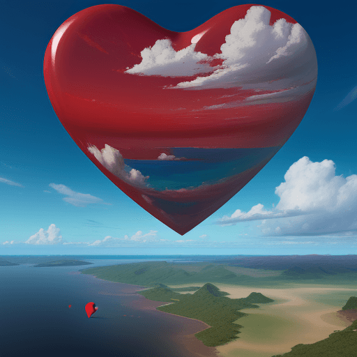 AI generated: a red heart in the clouds over water, azure sky, beautiful landscape image, hyperbolic expression, u...