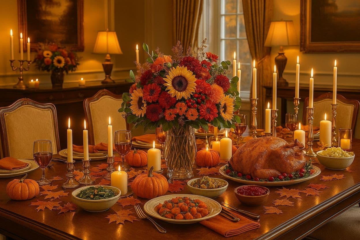 AI generated: A grand Thanksgiving image, big table set in a luxurious dining room, overflowing with vibrant autum...