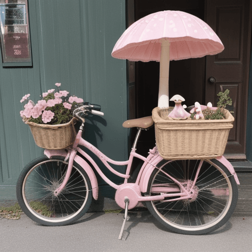 AI generated: Various gifts, some closed and some open with a small pink bicycle and mushrooms.