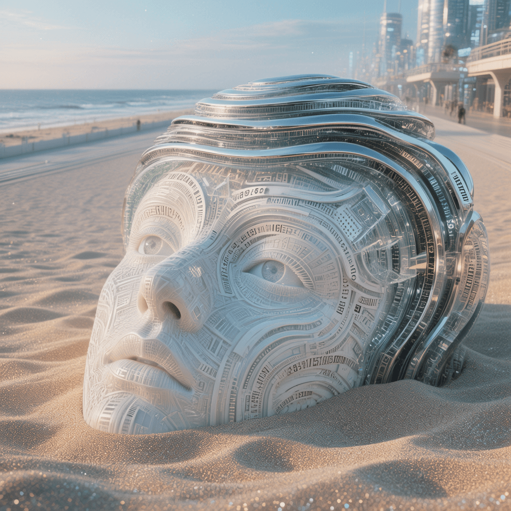 AI generated: In a surreal, futuristic landscape, a giant white androgynous face has hyper-realistic, layered text...