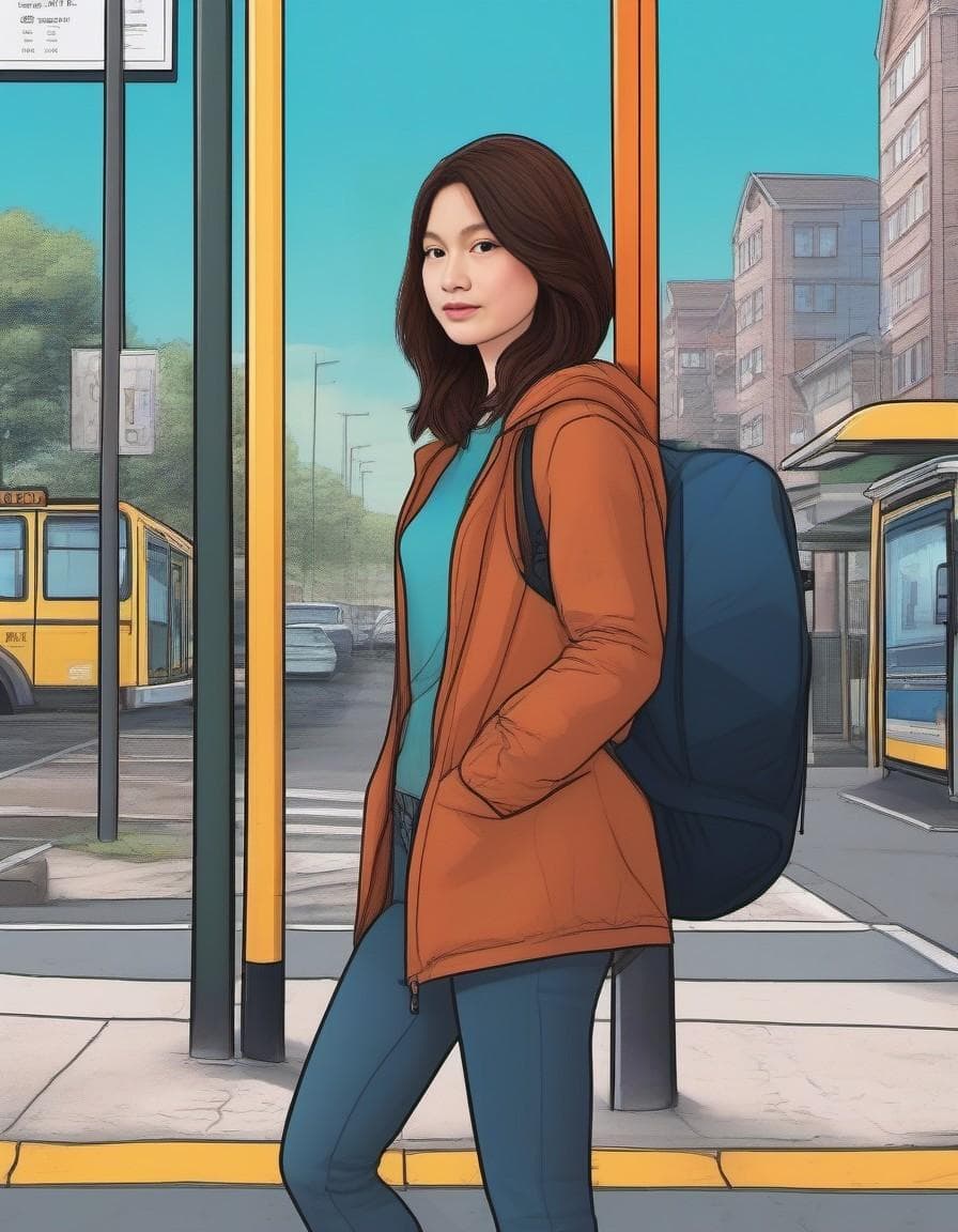 AI generated: A detailed and colorful digital illustration in a cartoon style of a woman at a bus stop in an urban...