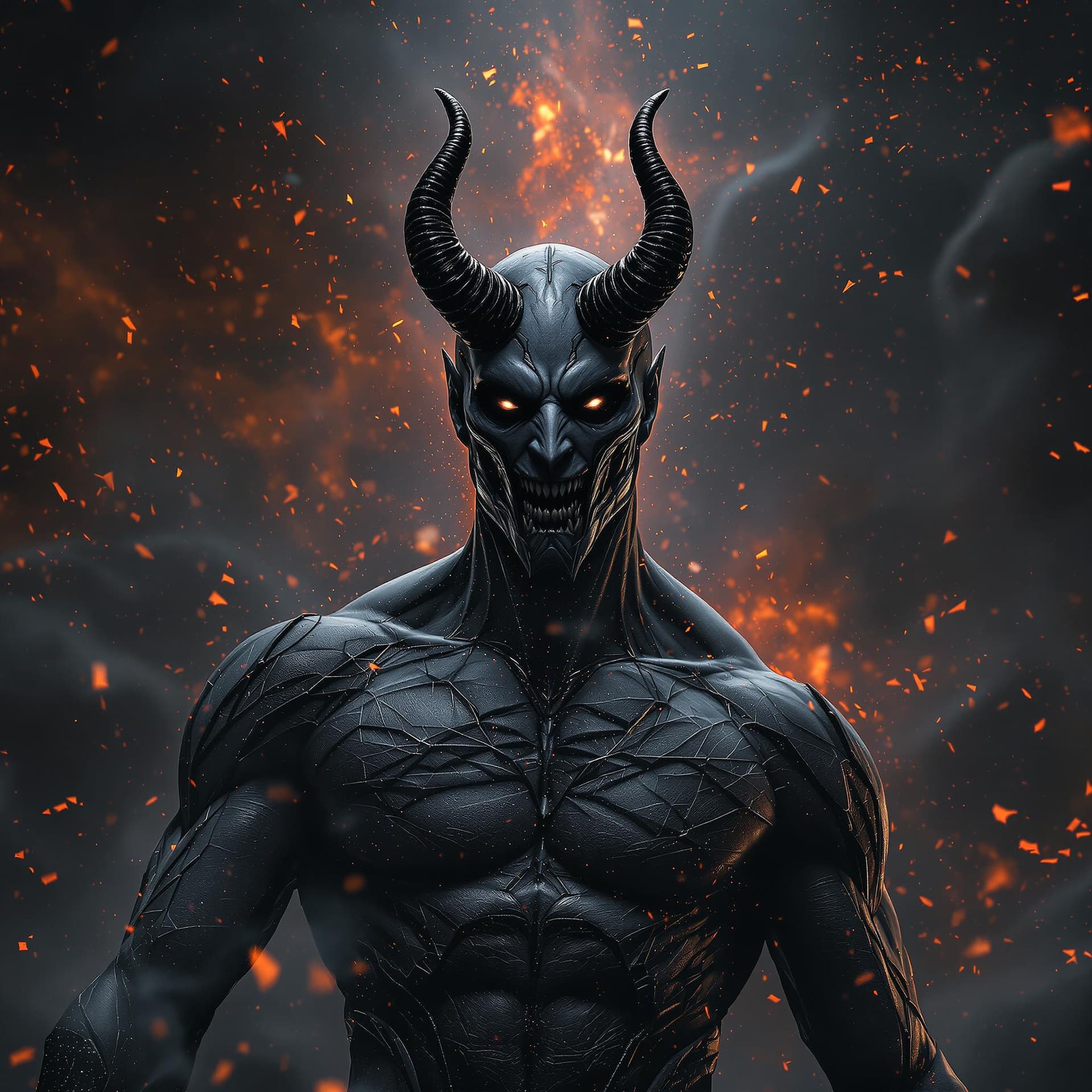 AI generated: God of Devils and Demons full-body, Etherial, muscular, Glowing Black eyes, Charcoal skin, epic, cin...