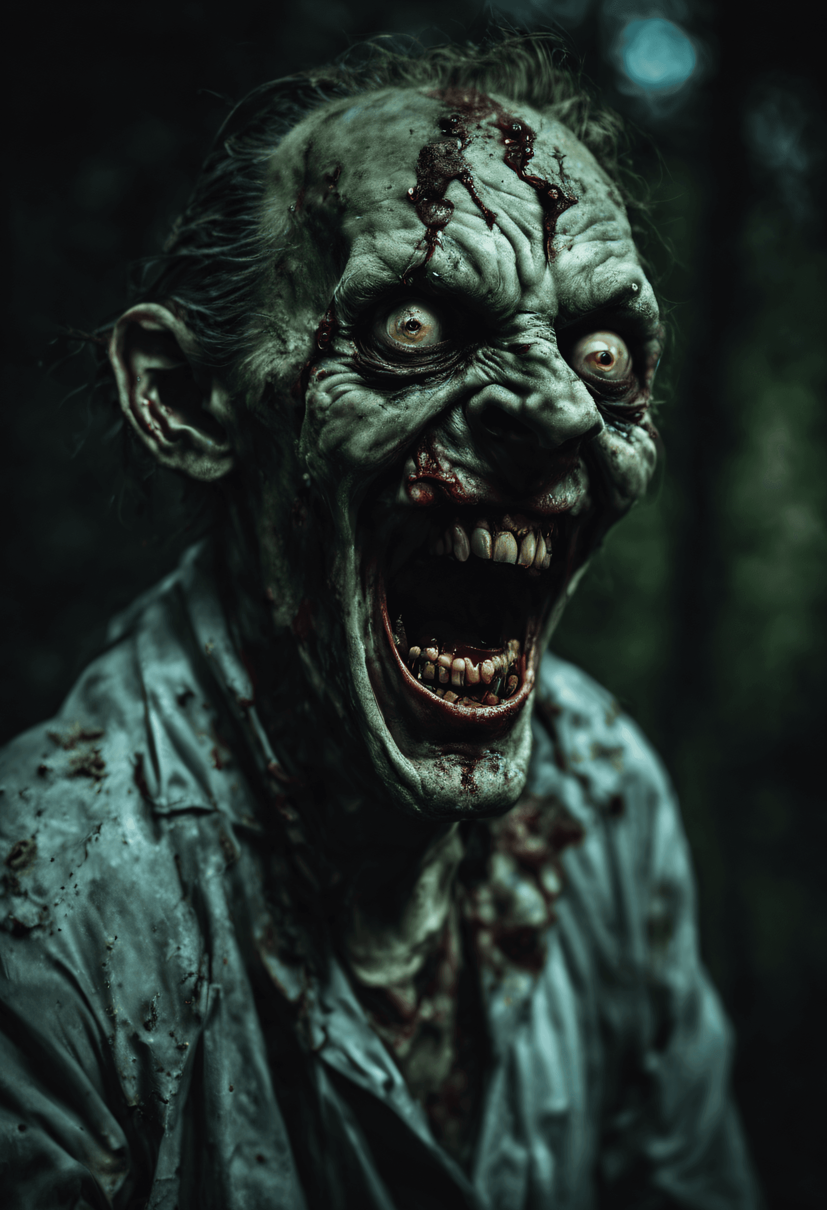 AI generated: A zombie evil laughs at the camera,very detailed,photorealistic,night in the cemetery,creepy atmosph...