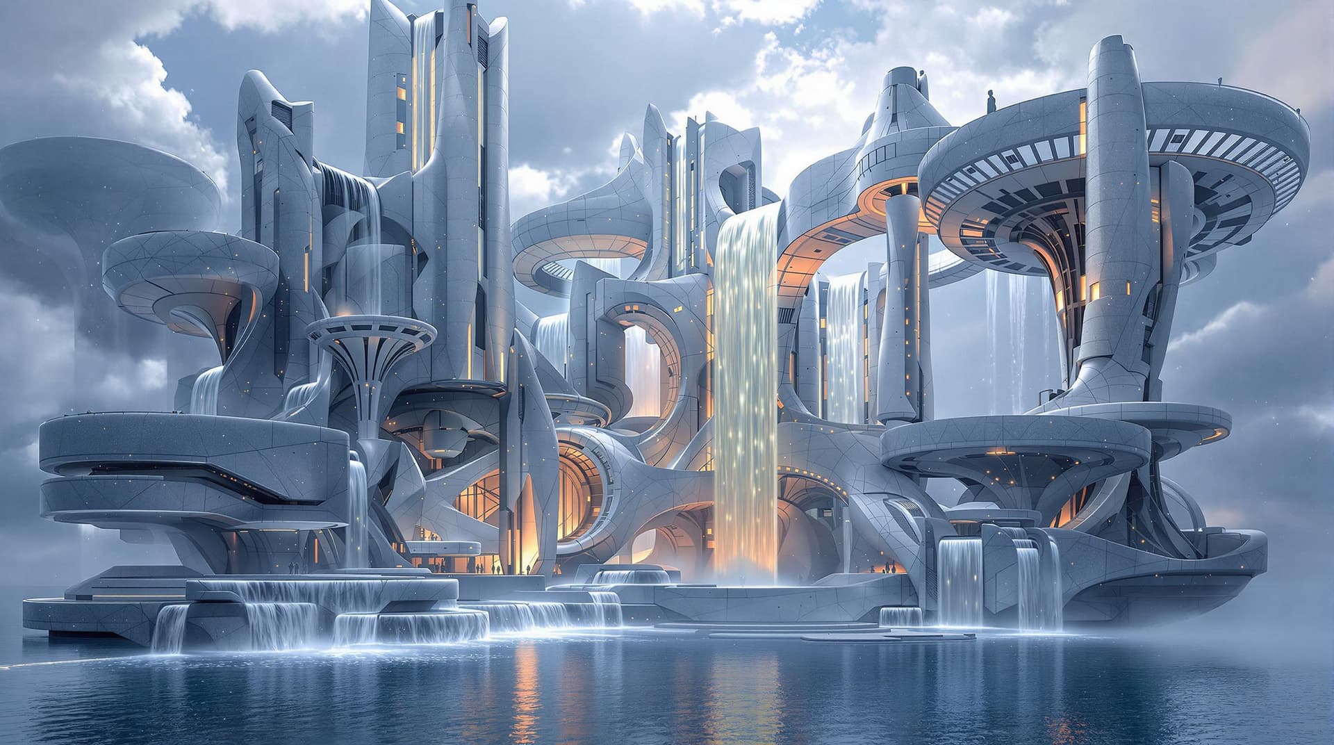 AI generated:  sci-fi futurist man made architectural waterfall