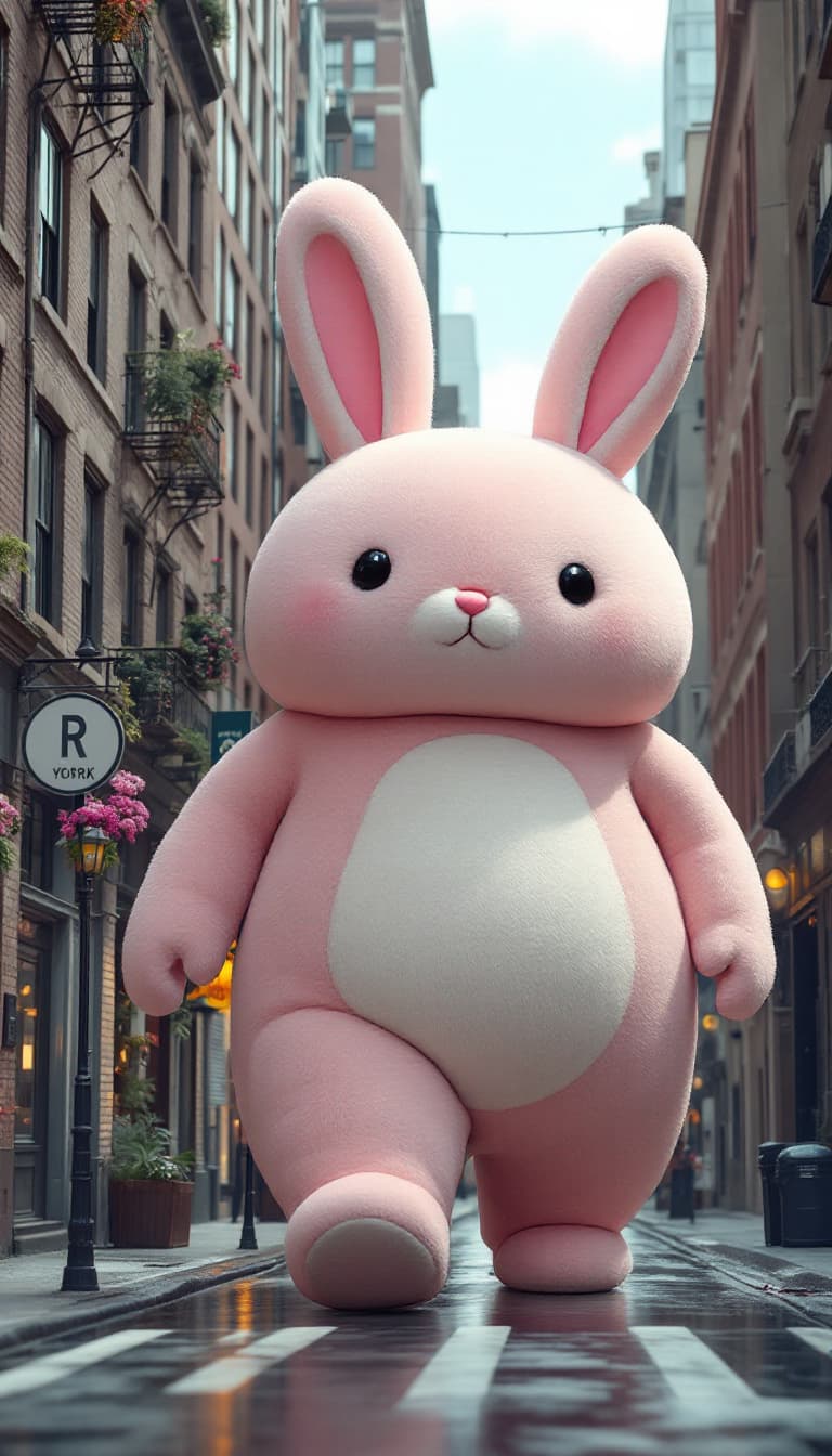 AI generated: a surreal photo of a really gigantic cute rabbite plushie walking though the narrow streets in New Y...